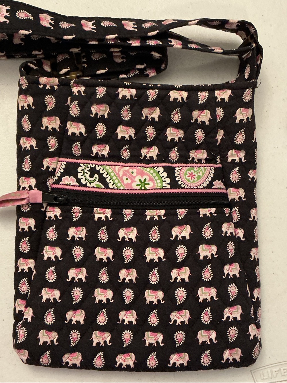 Vera Bradley Black Crossbody with Pink Paisley Elephant Print